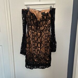 Bardot Black Lace Dress with Nude Lining